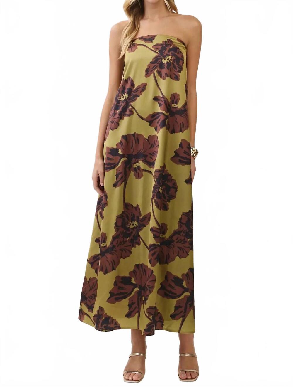 NEW TCEC floral print strapless dress in olive